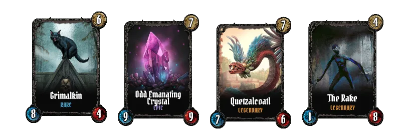 The Grimalkin, Odd Emanating Crystal, Quetzalcoatl and the Rake side by side