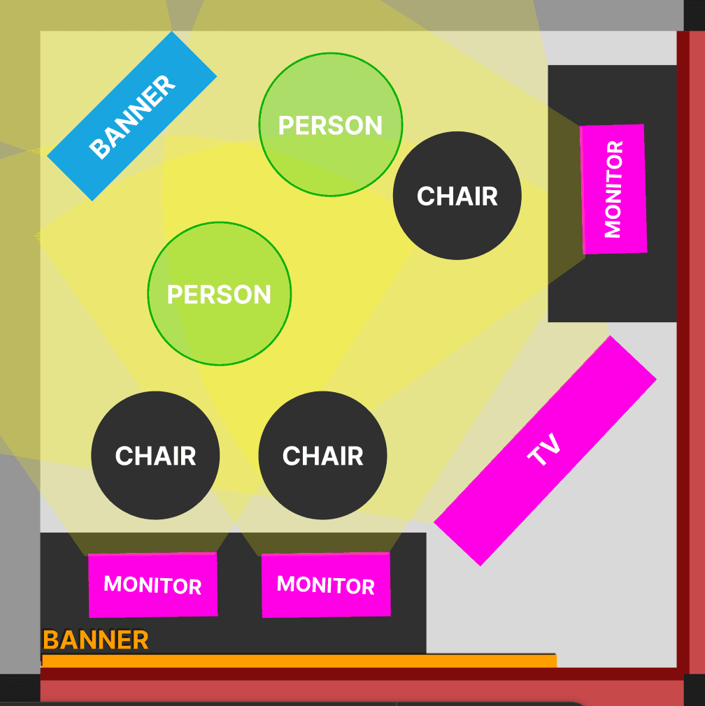 Floor plan of the original booth: a small corner with three monitors, chairs facing inward, a TV on the aisle side and two staff standing in the middle