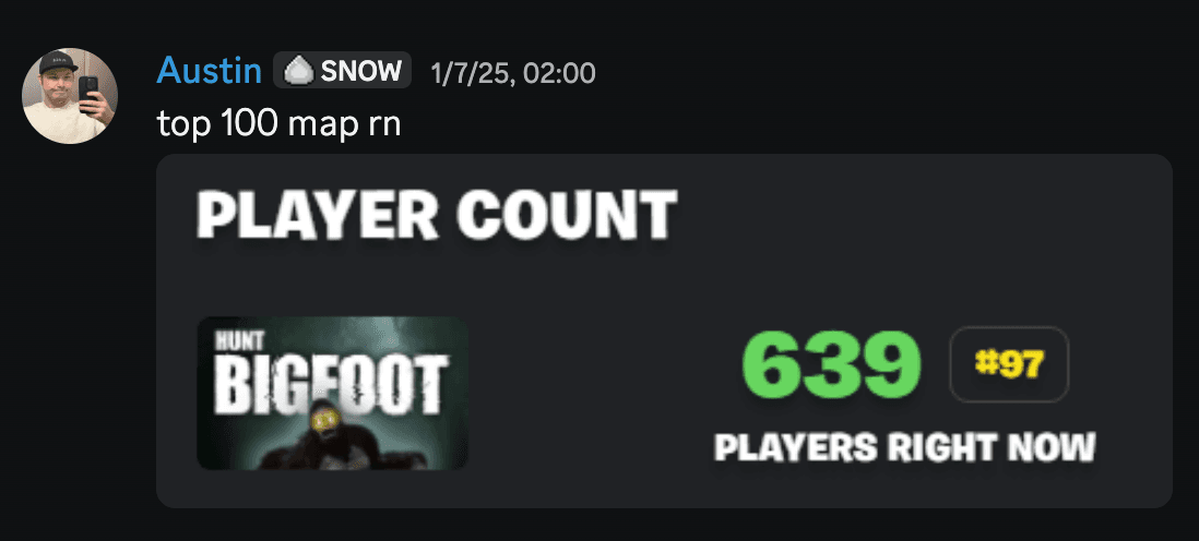 Austin's Discord ping at 2 AM showing Hunt Bigfoot at 639 players ranked #97