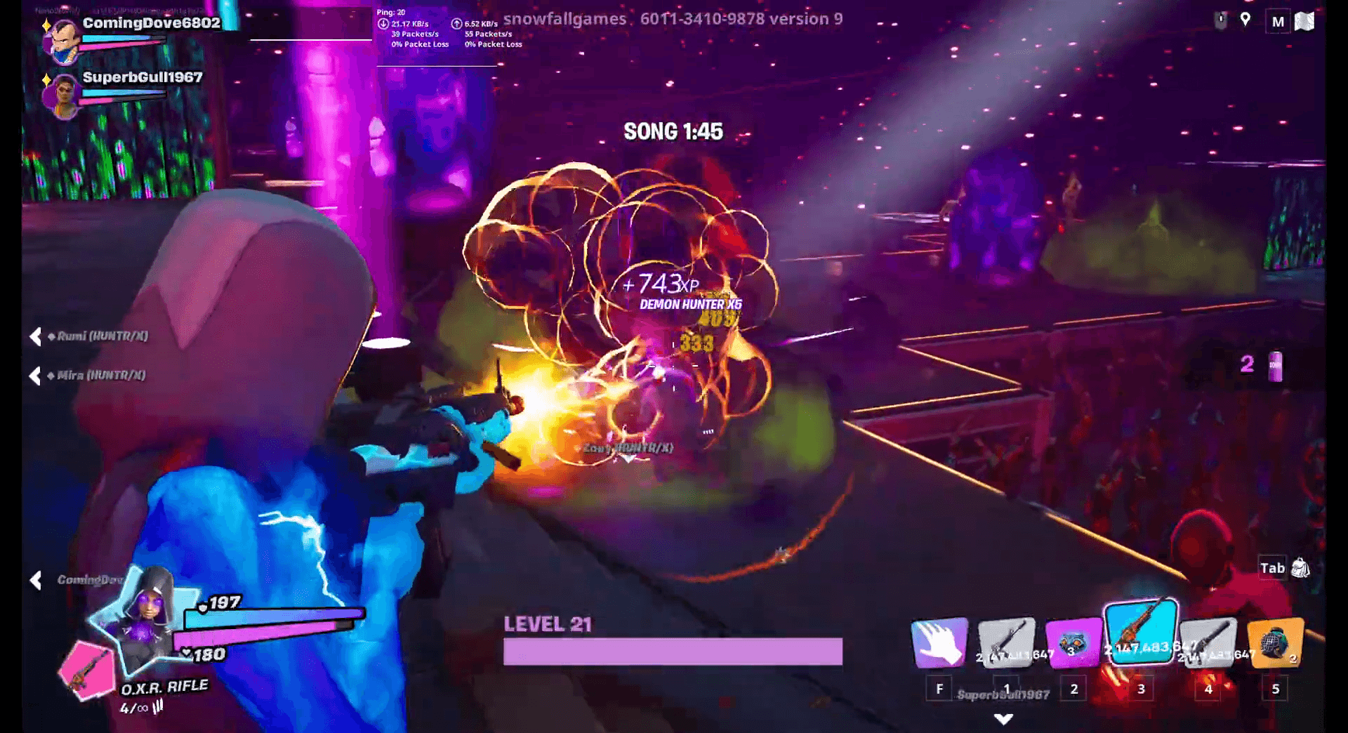 Soda Pop Stage Fight screenshot showing a wide stage with demons fighting under spotlights