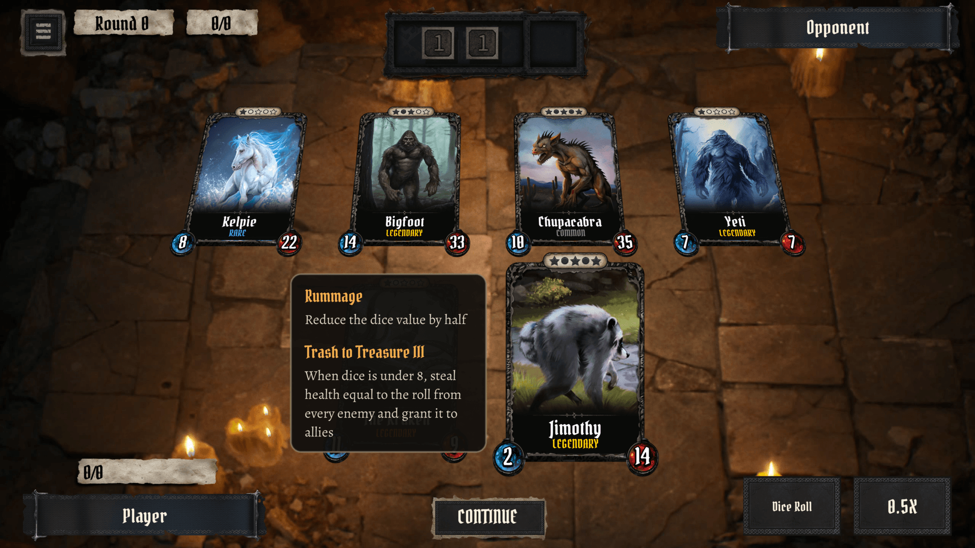 Jimothy's card mid-battle in Portentum, showing his abilities Rummage and Trash to Treasure alongside the rest of the board