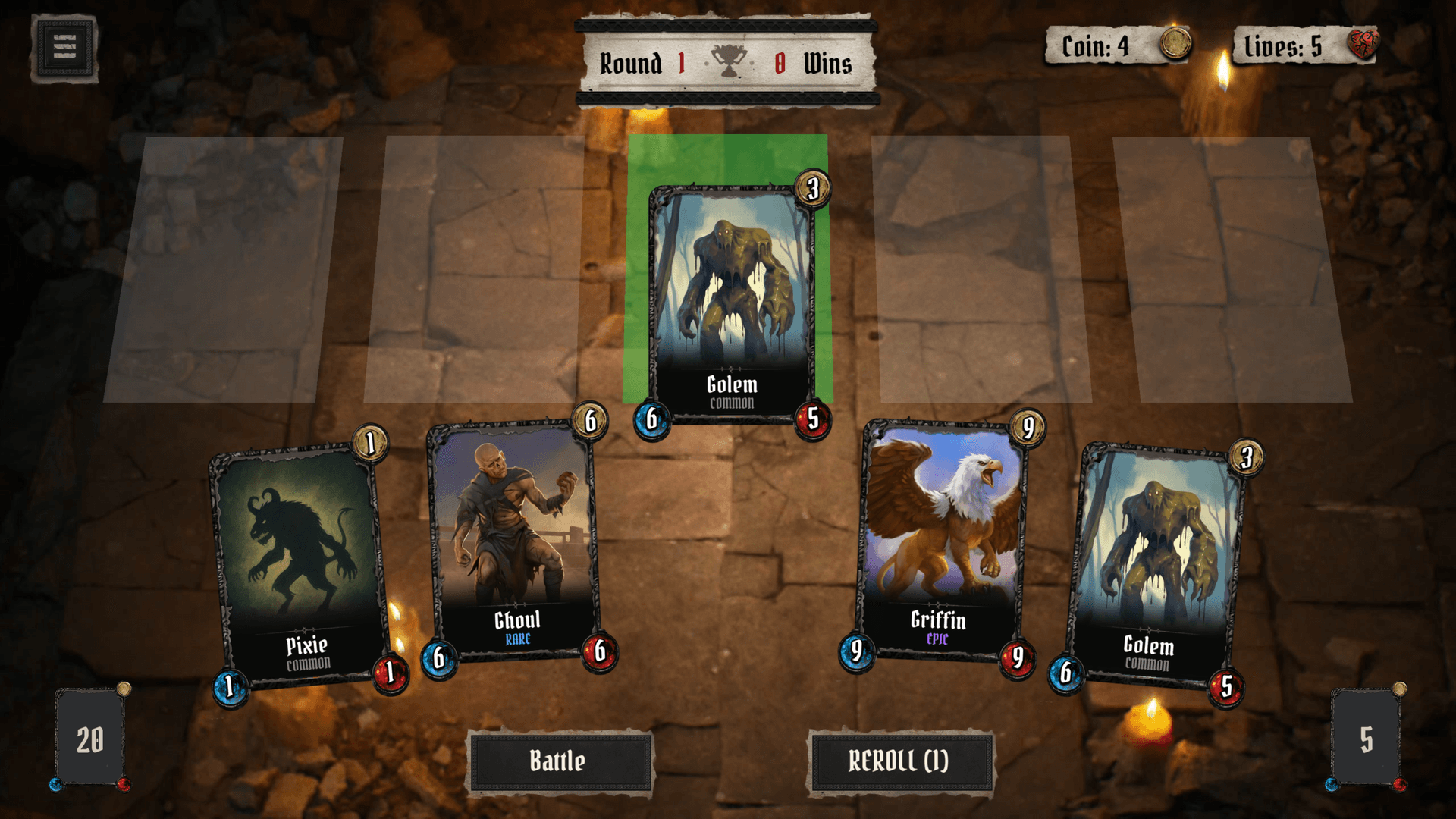 The Portentum shop between battles: cryptid cards to buy with coin, a Golem being placed on the board, and Battle and Reroll buttons
