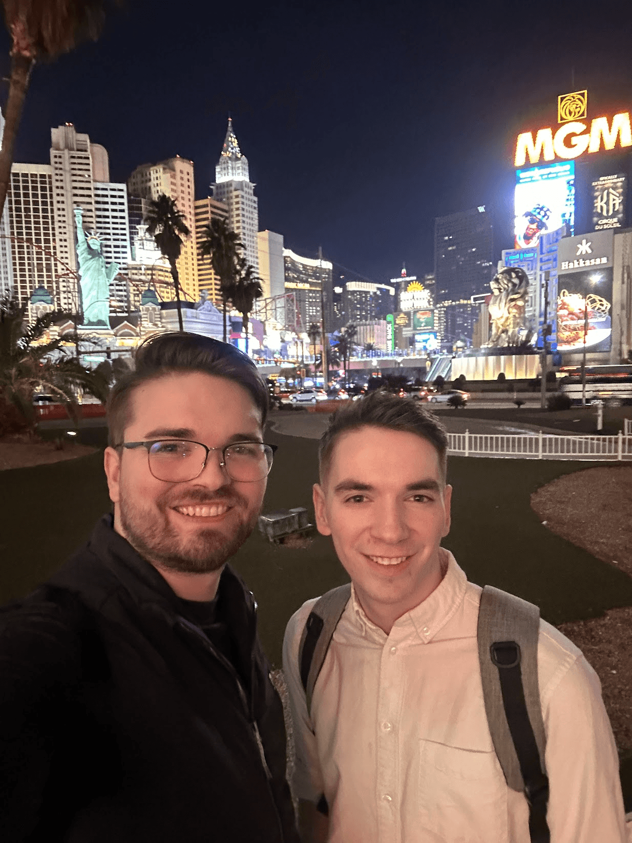 Jaden and his brother Tanner in front of the MGM sign on the Las Vegas strip at night during DICE